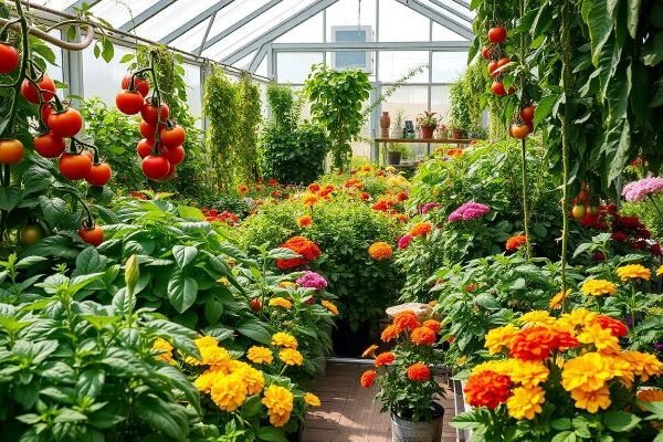 Colorful greenhouse garden with companion planting of tomatoes and vibrant flowers promoting healthy plant growth.