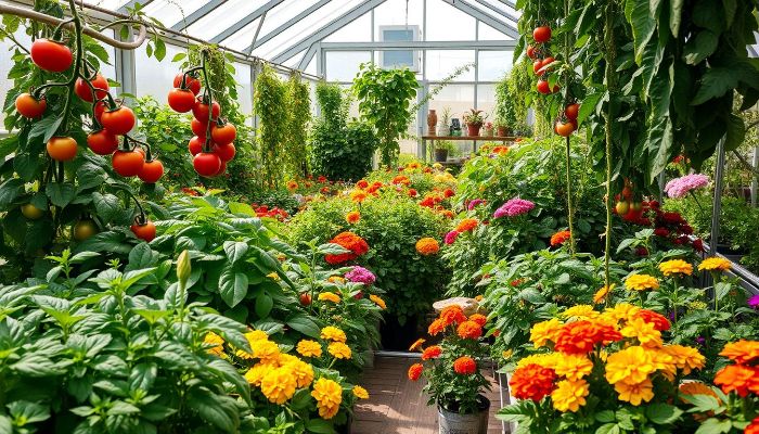 Colorful greenhouse garden with companion planting of tomatoes and vibrant flowers promoting healthy plant growth.