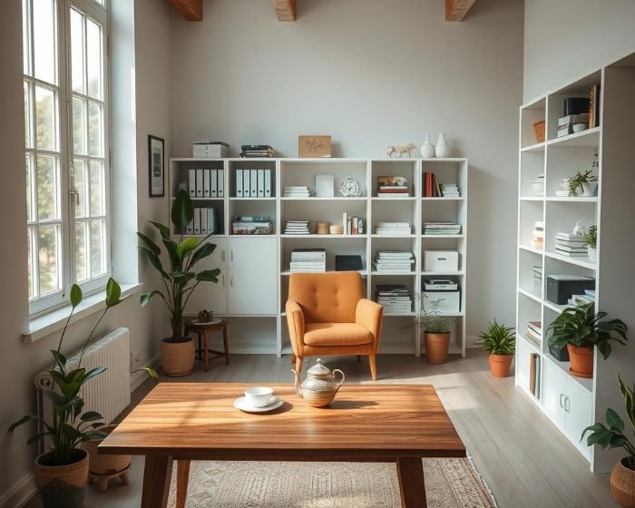 Organized home office with shelves, storage bins, and a tidy setup, showcasing essential tools for the KonMari decluttering process.