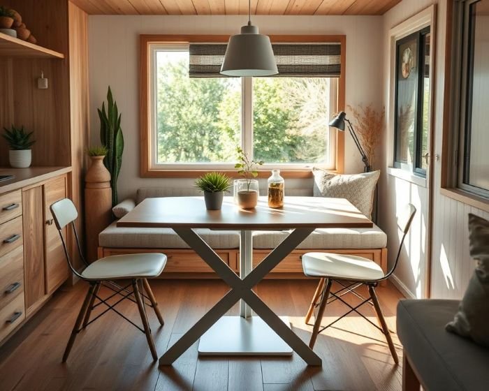 Compact dining area in a tiny home featuring a foldable dining table and stackable chairs for space-saving efficiency.