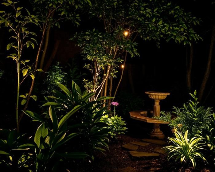 Serene garden at night with dimmable lighting illuminating trees and a water fountain, showcasing adjustable light intensity for different moods and occasions.