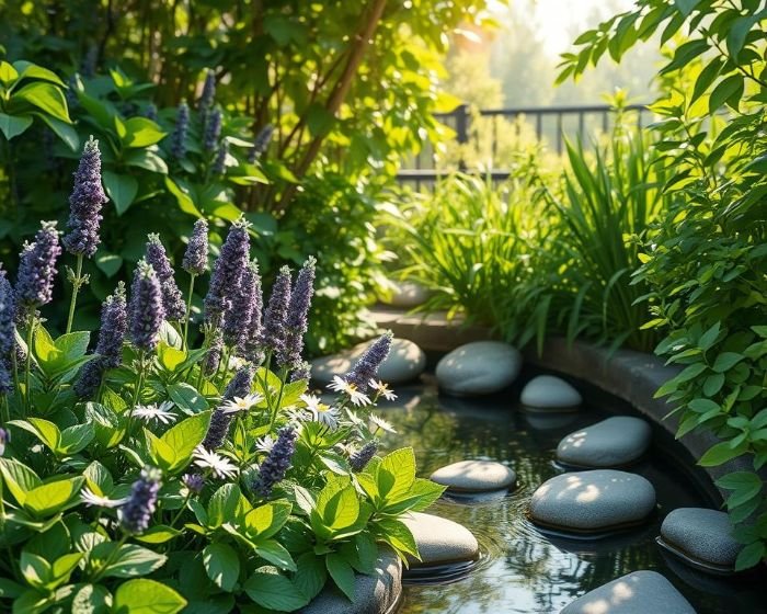Purple flowering herbs growing beside a peaceful garden pond with stepping stones, ideal for promoting mental clarity and focus.