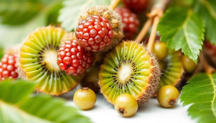 Freshly sliced kiwiberries and berries showcasing vibrant colors and rich nutritional content including vitamins and antioxidants