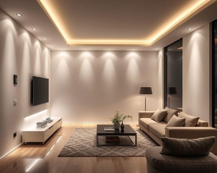Modern living room with LED IoT lighting setup, featuring smart ceiling lights and ambient lighting zones for energy efficiency and convenience.