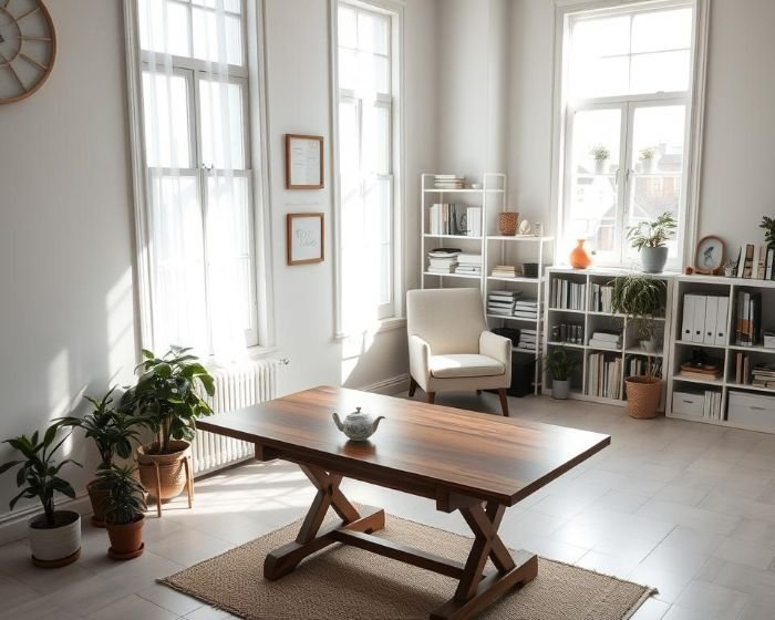 Bright and organized home office with wooden table, bookshelves, and indoor plants, illustrating a clutter-free space maintained using the KonMari method.