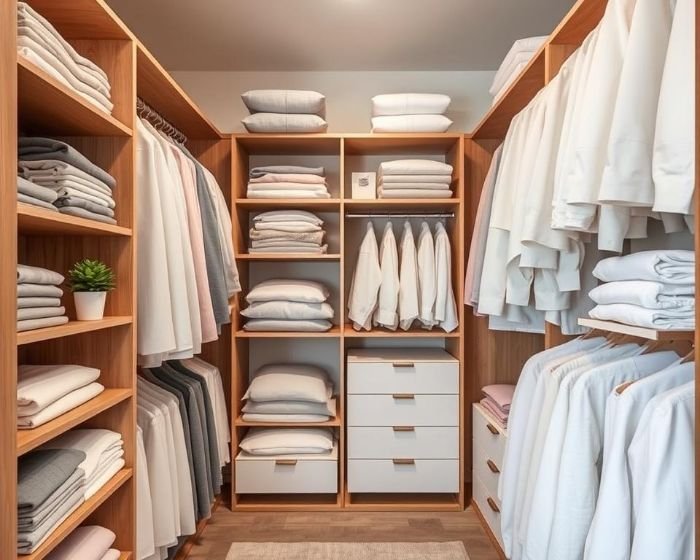 Neatly arranged closet with shelves, drawers, and hanging clothes, demonstrating the KonMari method for organizing miscellaneous items efficiently.
