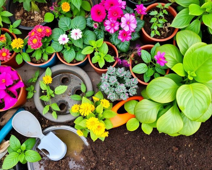 A collection of potted plants with a focus on soil aeration, highlighting the importance of avoiding overcompacted soil for better water flow and root health.
