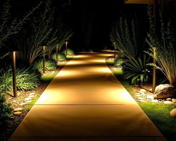A well-lit garden pathway at night with strategically placed downlighting to reduce glare and enhance visibility.