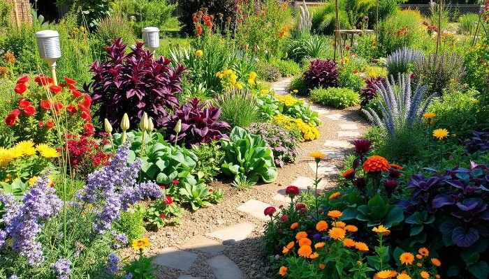 Colorful perennial garden with a well-planned companion planting layout, featuring a stone path winding through vibrant flowers and lush greenery.