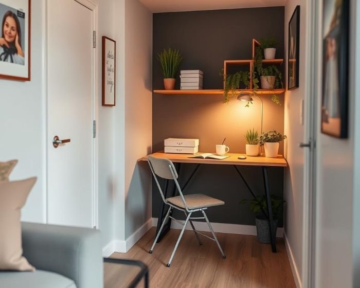 Compact home office setup featuring a fold-up chair and wooden desk, ideal for small spaces and flexible work areas.