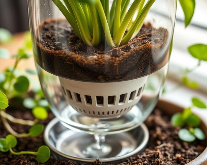 A close-up of a self-watering planter with a built-in drainage system, demonstrating how proper drainage prevents water runoff and maximizes water use for plant health.