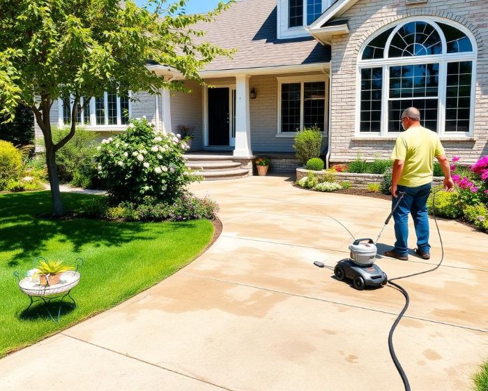 Man pressure washing a driveway in front of a well-maintained home, preparing the surface for repainting or sealing to protect against weather damage.