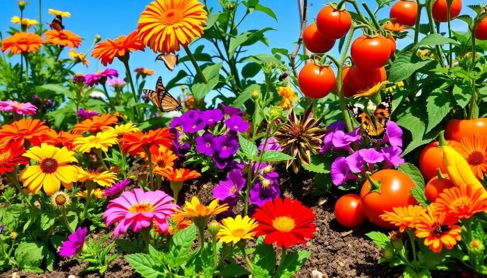 Vibrant annual flowers blooming in a companion garden alongside tomato plants, showcasing seasonal flexibility and adaptability.