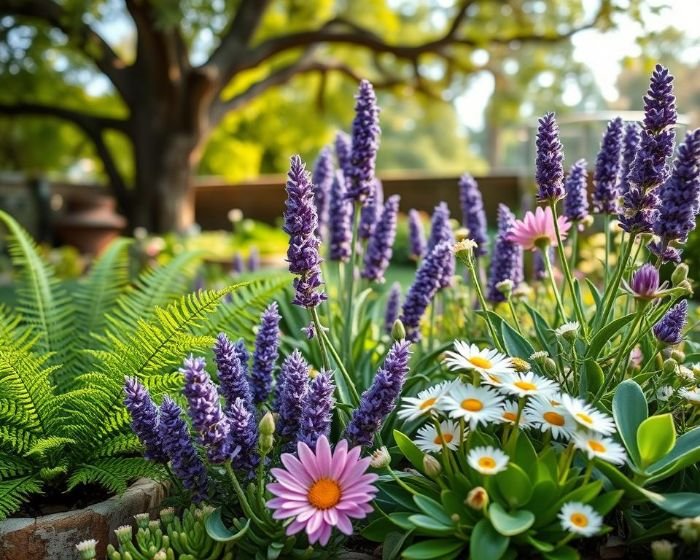 A tranquil garden with blooming lavender, daisies, and ferns, creating a peaceful space for year-round meditation and relaxation.