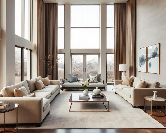 Elegant living room with high ceilings, large windows, and carefully placed small accents like vases and pillows to complement larger furniture elements.