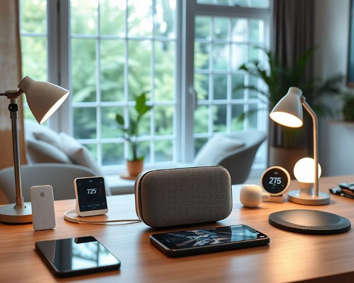 Smart home office setup featuring voice-controlled devices, smart speakers, and connected gadgets for seamless automation.