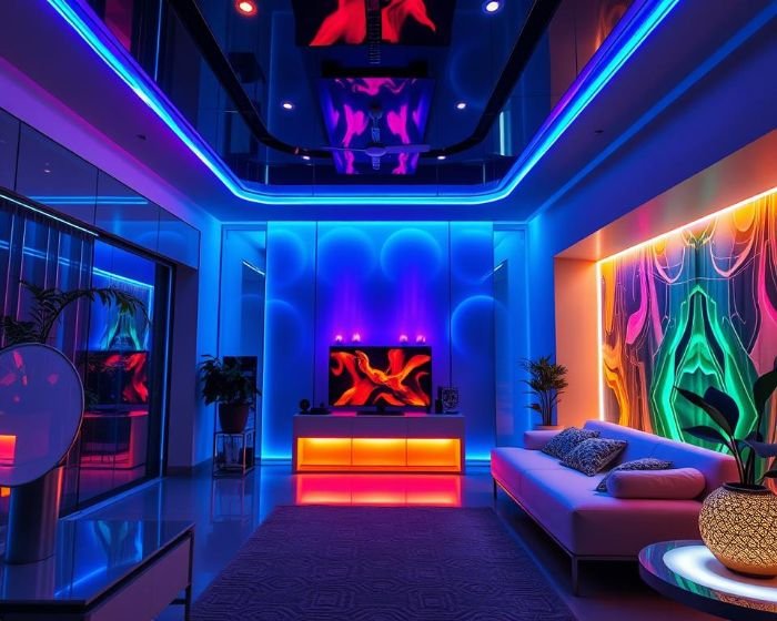 Modern smart home interior with colorful LED lighting controlled by remote devices, highlighting mobile access and automation features.