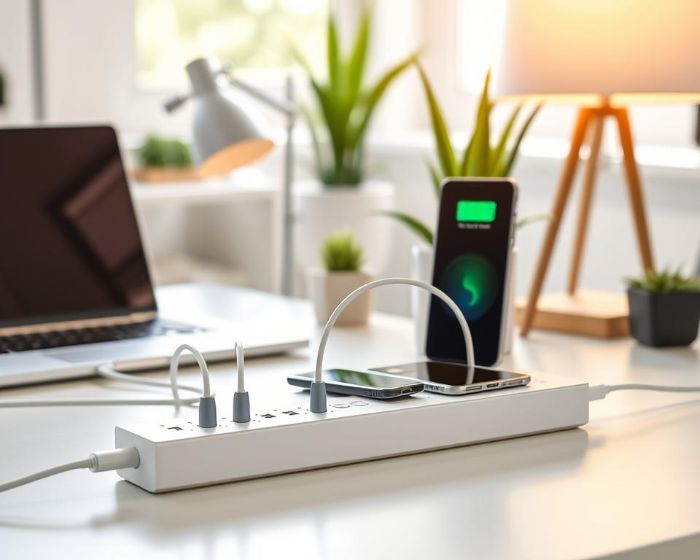 Smart power strip with multiple devices charging in a modern home office setup, improving energy efficiency and remote control.