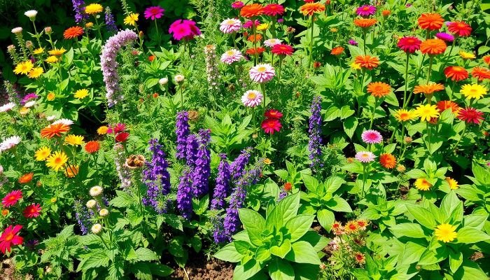 Diverse perennial flowers growing in a lush garden, improving soil structure and water retention through deep root systems.