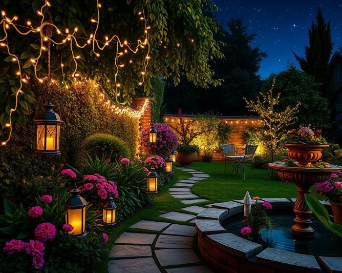 A beautifully illuminated garden at night featuring solar lanterns, LED string lights, and a glowing fountain, creating a peaceful ambiance.