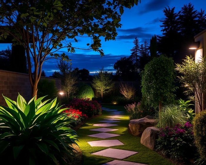 Beautifully lit garden pathway at night with spotlights and uplighting enhancing plants, trees, and landscape features for added beauty and functionality.