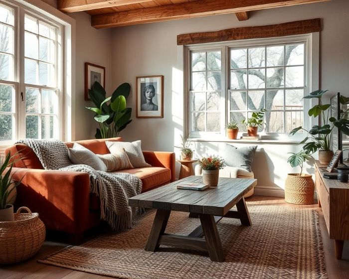 Cozy living room with a mix of soft textiles, rustic wood furniture, and natural light, demonstrating texture contrast for warmth and depth.