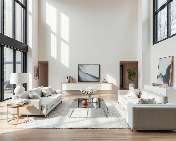 Minimalist living room with high ceilings, large windows, and neutral tones, showcasing contrast through light, texture, and furniture arrangement.