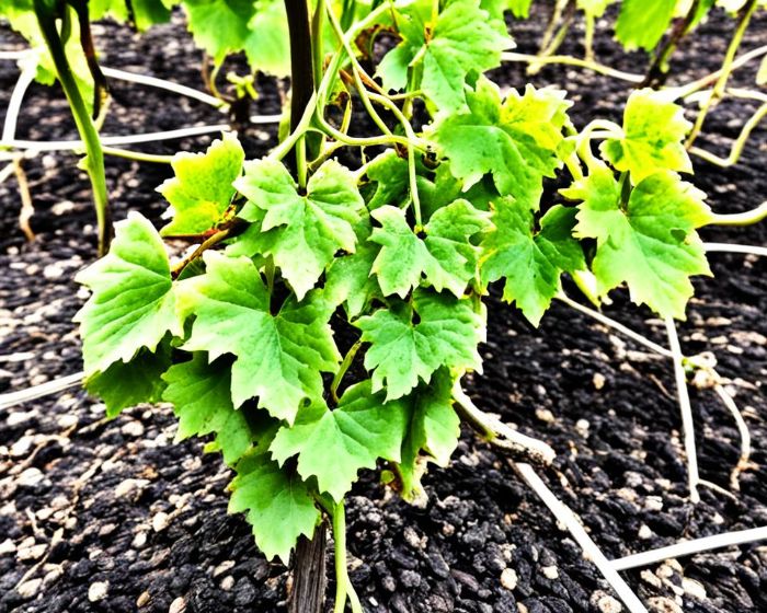 Grapevine with yellowing leaves, showing signs of nutrient deficiency due to under-fertilization.