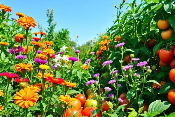 A vibrant garden with colorful flowers and tomato plants, showcasing the benefits of using flowers in companion planting for natural pest control and plant health.