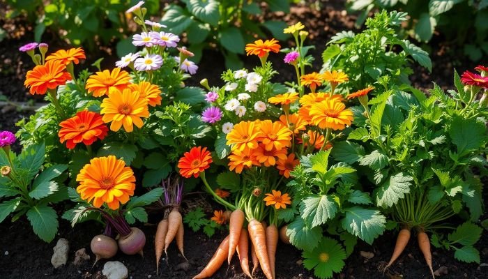 Calendula flowers growing alongside carrots and beets, showcasing their role as companion plants that attract beneficial insects and protect root vegetables.