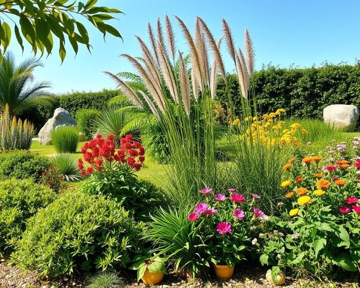 Colorful garden with dense foliage and compact wind-resistant plants, including ornamental grasses and flowering perennials that provide natural wind protection.