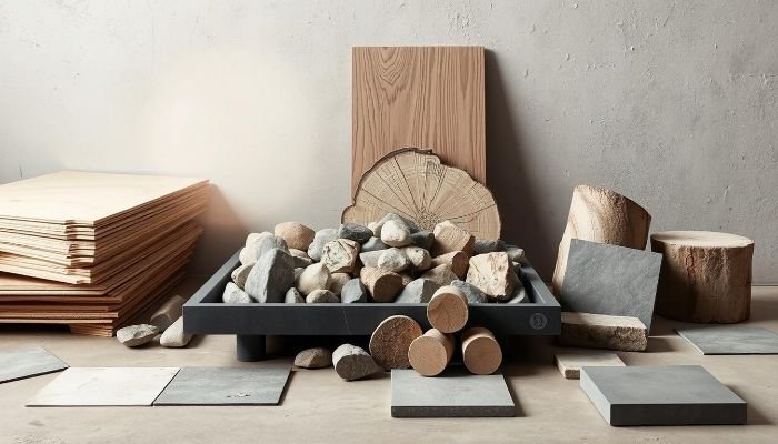 Assortment of concrete, cast stone, and natural materials displayed for outdoor sculpture use, highlighting their durability, texture, and design flexibility.