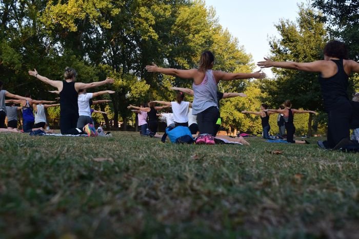 Group of people performing side stretches and twists during an outdoor fitness session, illustrating how gardening-like movements can build core strength and flexibility.