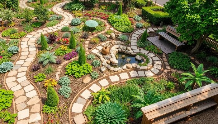 Beautiful community garden with diverse plants and curved paths, symbolizing cultural inclusion through the planting of culturally significant crops.