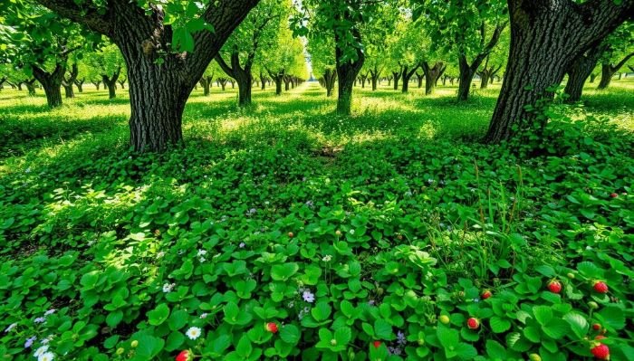 Ground cover plants like clover and strawberries growing beneath fruit trees in an orchard, illustrating dynamic accumulators used to improve soil fertility and support healthy tree growth.