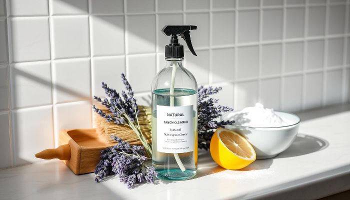Natural cleaning setup with lavender, lemon, baking soda, and a labeled essential oil spray bottle, highlighting the use of essential oils for disinfection and eco-friendly scent.