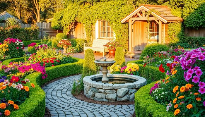 Colorful cottage garden with a central stone fountain and curved brick path, illustrating how tranquil and cheerful design elements influence statue selection based on mood.