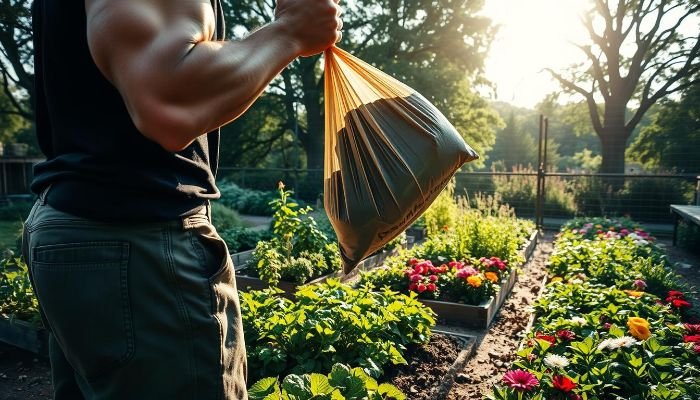 Man lifting a heavy bag in a garden, illustrating how repetitive gardening tasks like lifting and carrying enhance core and arm strength through natural movement.