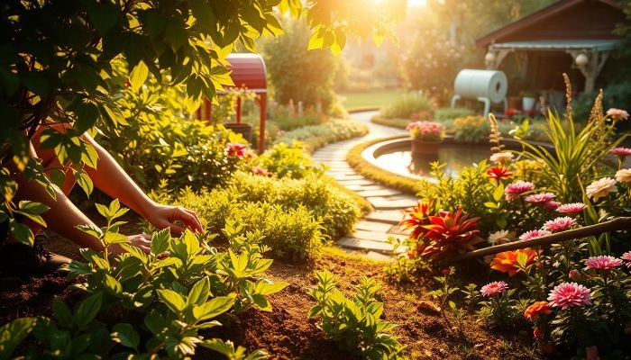 Person tending plants in a vibrant garden at sunset, demonstrating gardening as a moderate-intensity exercise that promotes cardiovascular health and physical activity in a natural setting.