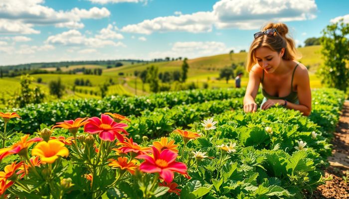 Woman gardening outdoors in a vibrant field of flowers and greenery, illustrating the physical health benefits of gardening through active movement and connection with nature.