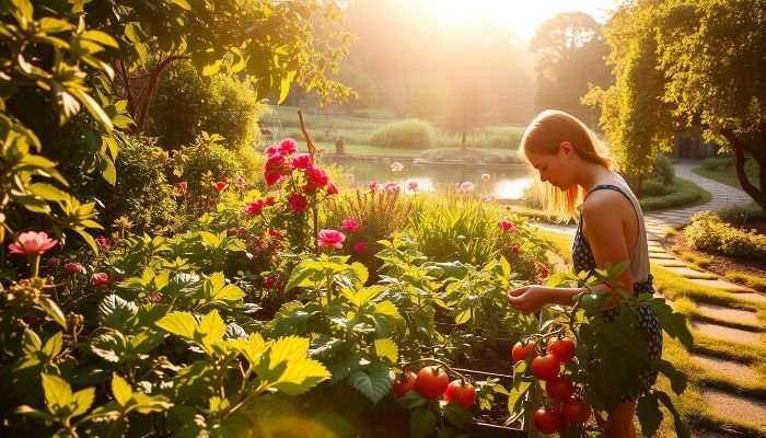 Woman harvesting tomatoes in a serene garden at sunrise, highlighting the calming effects of nature and gardening for reducing stress and supporting healthy blood pressure.