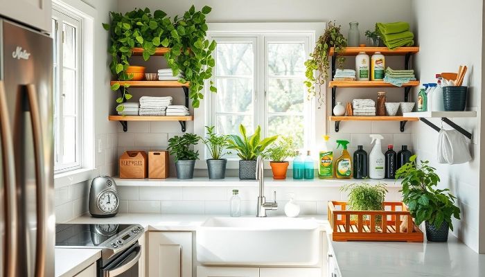 Bright and organized kitchen with eco-friendly cleaning products and potted plants, demonstrating green cleaning tips for surfaces and appliances using natural solutions.