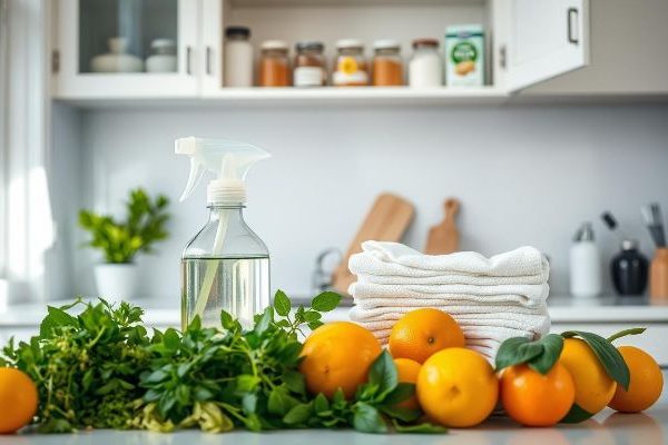 Eco-friendly cleaning setup with citrus fruits, herbs, reusable cloths, and a glass spray bottle on a kitchen counter, promoting a natural and sustainable green cleaning routine.