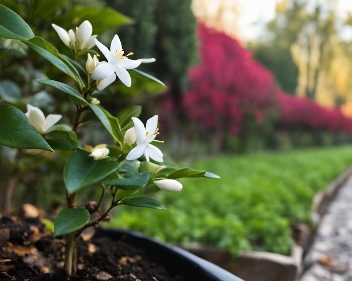 Close-up of a jasmine plant in a pot with fresh blooms, set against a garden background, representing winter preparation steps like pruning and protecting from frost.