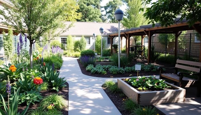 Accessible garden with raised beds, wide pathways, benches, and adaptive gardening tools for individuals with mobility challenges.