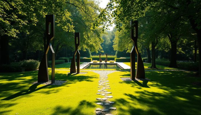 Modern sculptures arranged along a stone path in a lush green garden, showcasing a serene and focused outdoor art display in a sculpture garden setting.