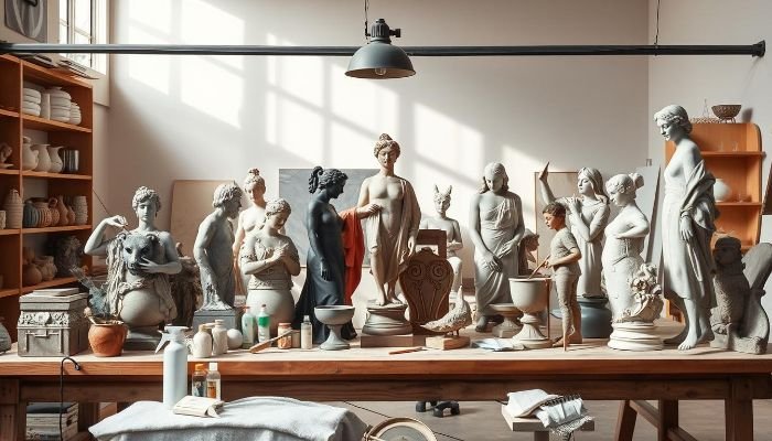 Indoor studio with classical statues, highlighting sealing, waxing, and anchoring techniques for preserving outdoor sculpture longevity.