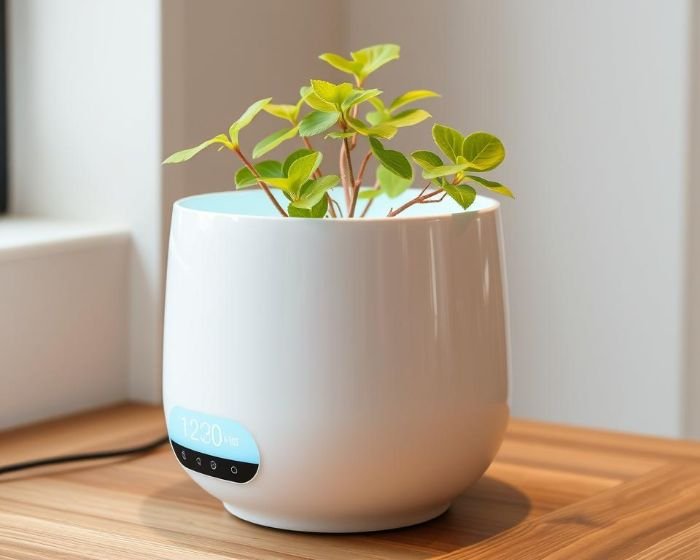 Modern self-watering pot with digital display, keeping indoor plant hydrated automatically during absence.