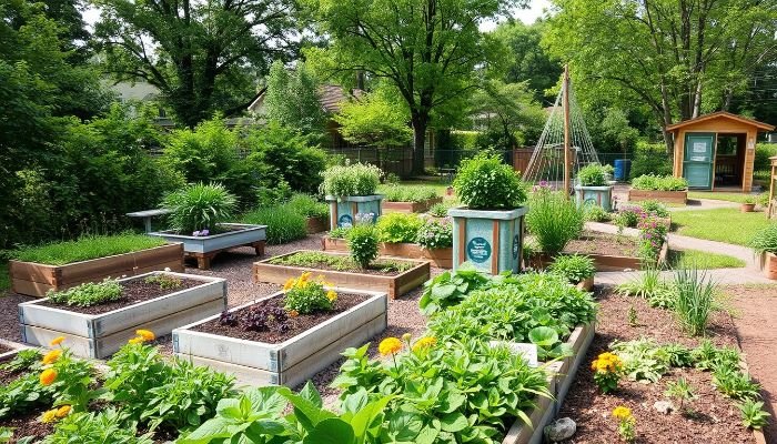 Community garden with raised beds and recycled materials, showcasing sustainable and eco-friendly garden design practices.