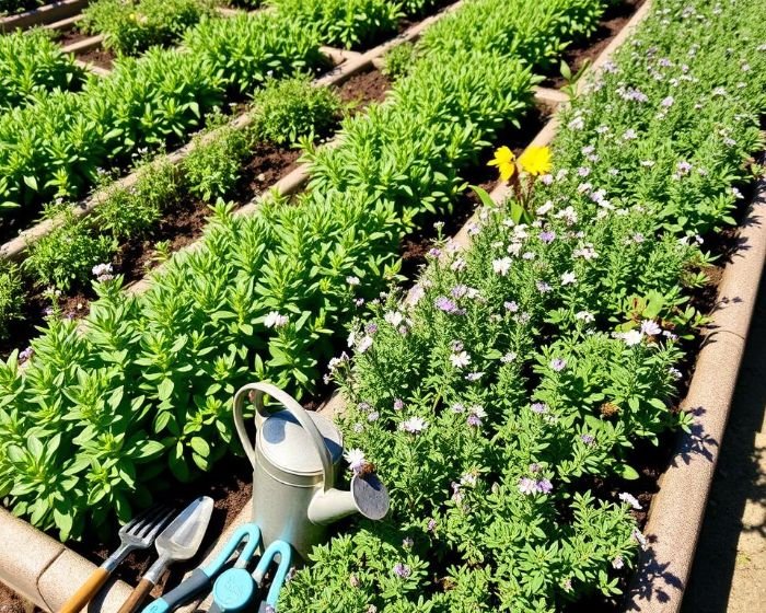 Raised garden beds with thriving thyme plants, a watering can, and garden tools, illustrating proper watering and feeding practices for herb growth.